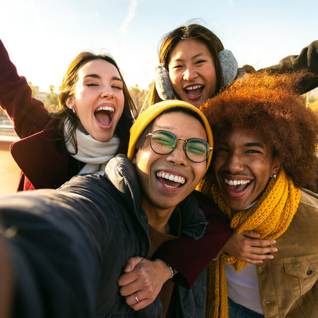 Selfie,Of,Multi-ethnic,Cheerful,Friends,Enjoying,Sunny,Winter,Day,Outdoors.